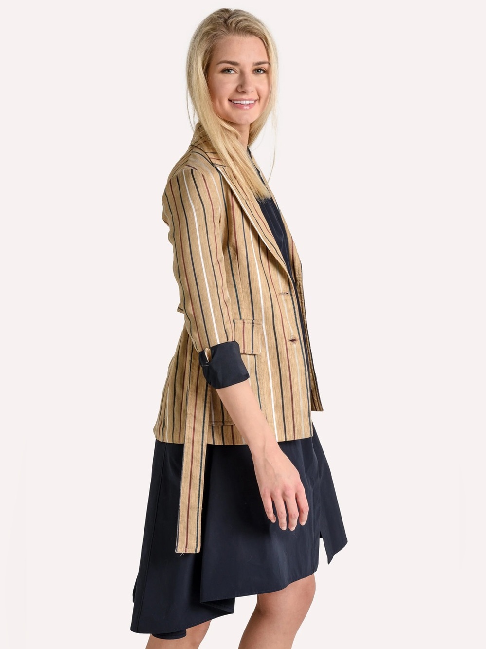 ELEVENTY Tan Striped Single Breasted linen Jacket with Belt  8